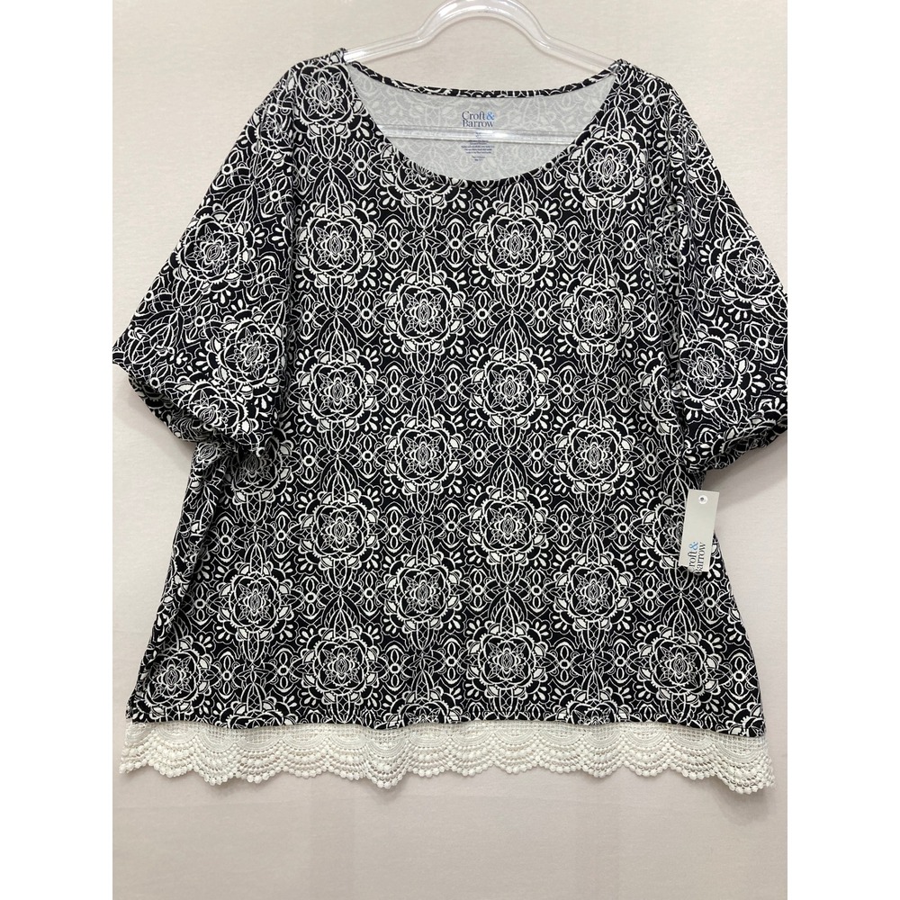 New Croft & Barrow Blouse 3X Black Medallion Print Lace Trim Boho Stretch